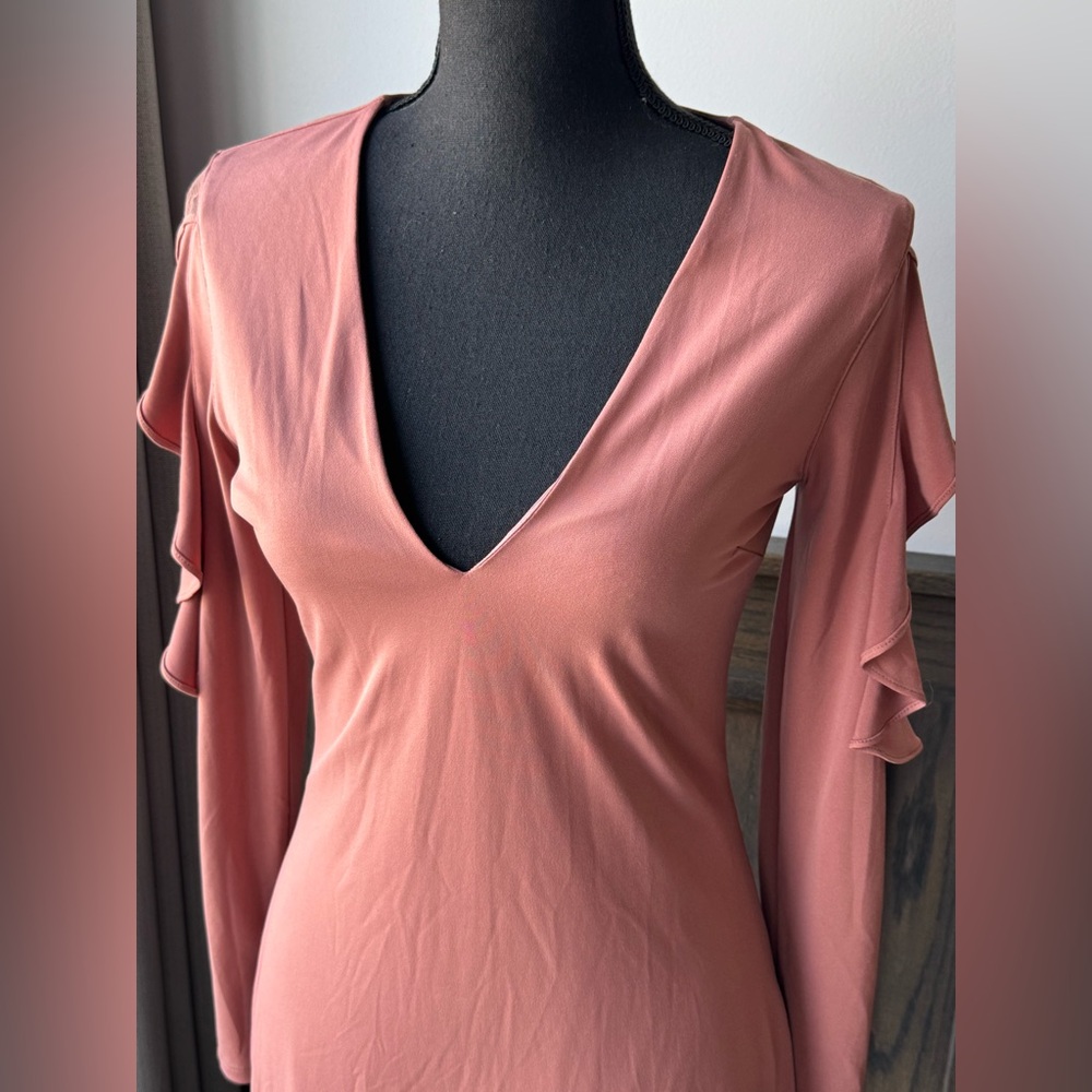 Express Long ruffle Sleeve Dusty Rose v neck bodycon Dress small - Picture 2 of 8